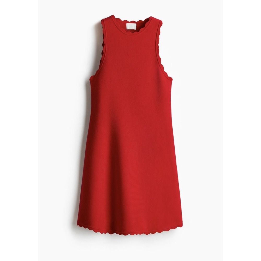 H&M Scalloped Red Knit Mini A-Line Dress Size Small NEW Preppy Classic Summer - Picture 2 of 10